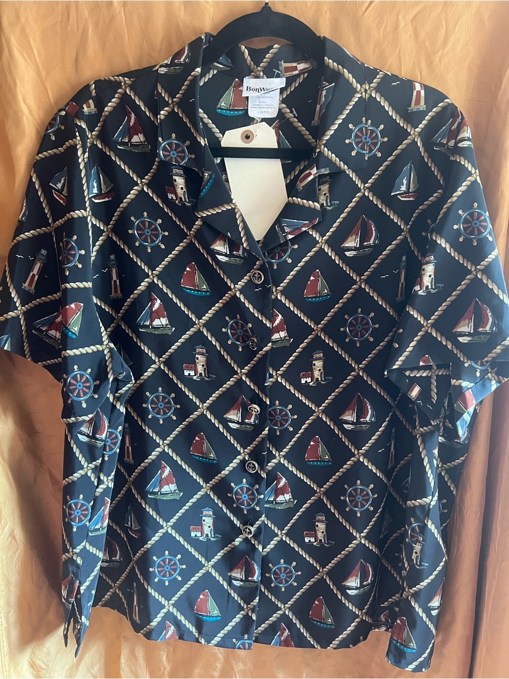 Vintage BonWorth 80s Nautical Print Short-Sleeve Button-Down Shirt